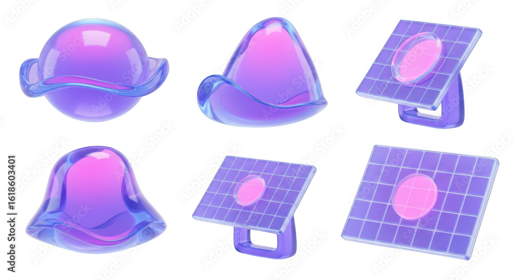 Aufkleber 3d rendered abstract glass objects and solar panels set on white background representing concepts il