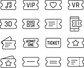 Collection of minimalist icon tickets representing music vip 3d vr and various entertainment event concepts