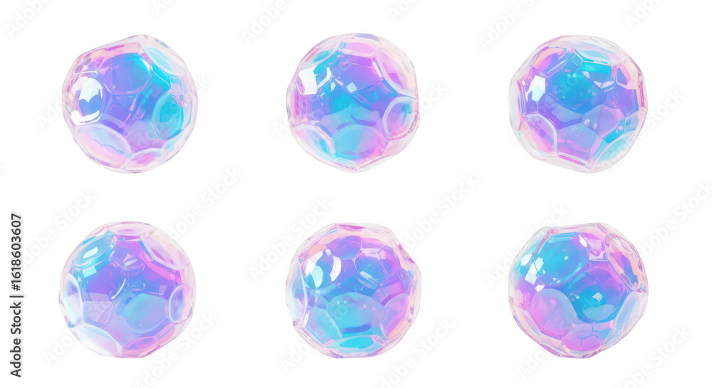 Poster six iridescent 3d-rendered bubbly spherical abstract shapes float on a white backdrop for use as dig