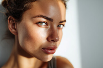 Fototapeta premium Close-up portrait of a young woman with clear skin and striking green eyes in natural sunlight