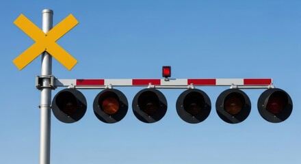 Railroad crossing signal with red lights and barrier isolated on white background