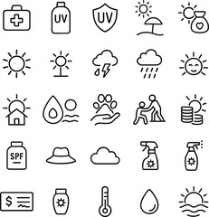 A collection of black and white weather, sun protection, and health icons for summer season concepts