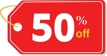 Red price tag with fifty percent off discount and yellow string sale label