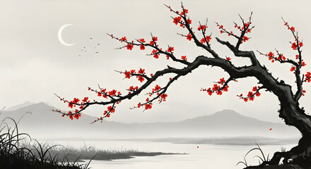 Serene Red Blossom Tree Asian Landscape Art Print