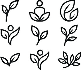 Collection of minimalist botanical illustrations featuring leaves and nature inspired symbols for branding