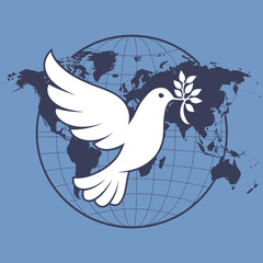 Fototapeta premium White dove carrying olive branch over world map symbolizing peace