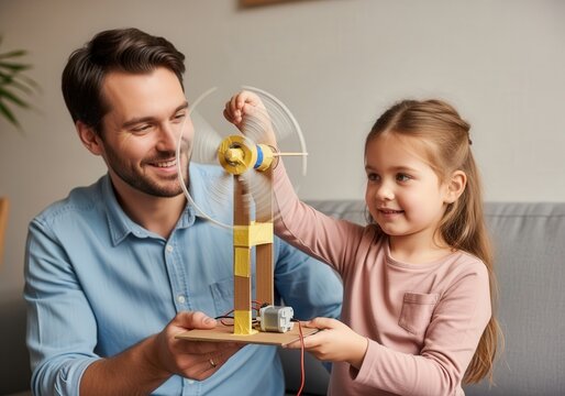 Father and daughter building a windmill together