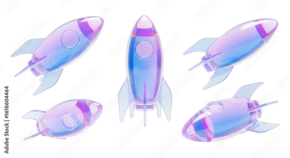 Poster glass rockets in various perspectives float on a clean white background representing innovation and 
