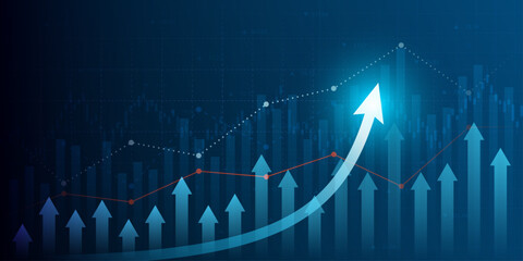 technology financial graph with uptrend line arrow and bar chart of stock market on blue color background