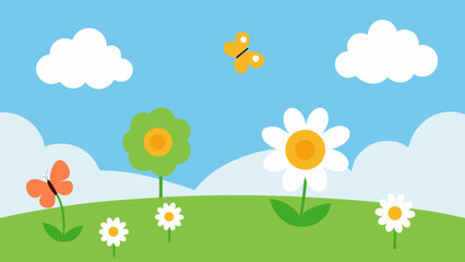 Cartoon Open Meadow with Daisies Butterflies and Blooming Flowers