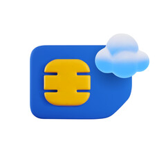 Vector cartoon 3d eSim card icon. Minimal realistic 3d render of blue cloud and gsm SIM card with golden circuit chip. Communication technology illustration, gsm network electronic SIM concept.