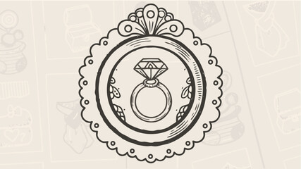 Illustration of a diamond ring inside a decorative frame with floral accents and scalloped edges design | editable eps vectors silhouette