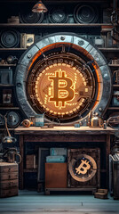Fototapeta premium Glowing Bitcoin Symbol In Vintage Industrial Interior