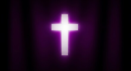 Fototapeta premium Glowing white cross on a dark purple background. The cross is brightly lit, creating a dramatic effect.