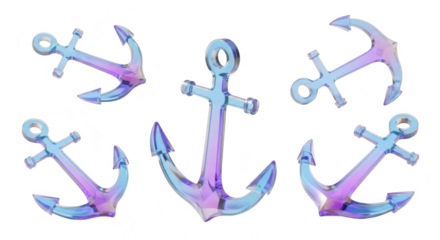 Glass anchors scattered on a white surface The colorful reflections suggest abstract art suitable for nautical design or decoration