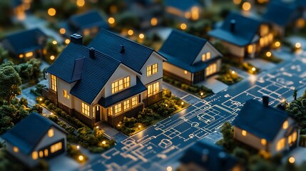 Miniature model homes illuminated at night, with architectural plans visible beneath.