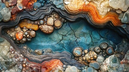 Colorful geological formations with a tranquil pool