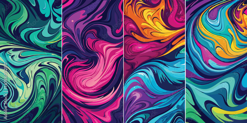Poster a set of four colorful bookmarks featuring a vibrant marble pattern in various hues..eps