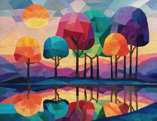 Obraz premium Colorful landscape with trees reflected in water