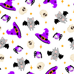 Cute Halloween witch seamless pattern. Vector Halloween print with magic witch hat, skull, funny spider and bat on white background. Kids print for fabric texture, wrap, holiday decoration, backdrop.