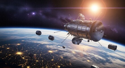 Obraz premium A satellite orbits the earth, showcasing its technological marvel