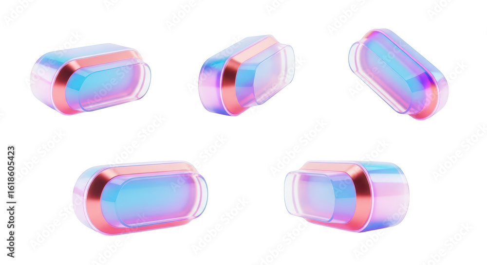 Poster rendered vr headsets in various angles translucent with a copper frame floating against a clean whit