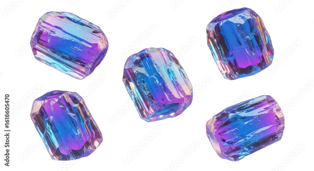 Poster five iridescent crystalline structures levitating against a white background ideal for digital art a