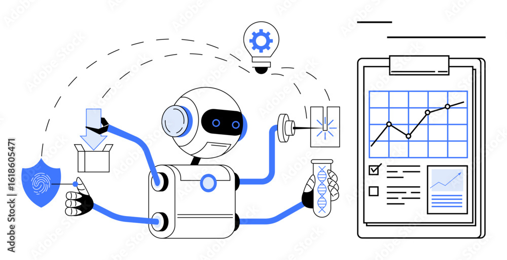 Poster robot conducting tasks with test tube, box, lightbulb idea, fingerprint shield, and chart analysis. 