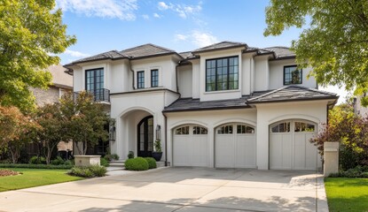 Fototapeta premium Modern, light-cream colored house with dark gray trim and roof. Spacious home with large windows and a triple garage