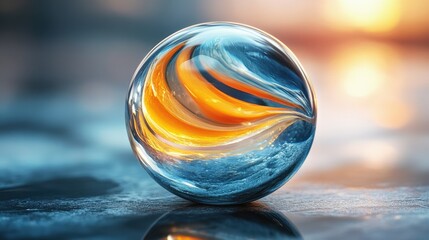 Colorful glass marble reflecting vibrant sunset hues