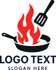 Vector illustration of a cooking logo featuring a frying pan flames and a spatula for branding and restaurant