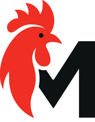 Modern rooster logo featuring bold letter m in black and red colors suitable for various branding purposes