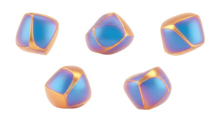 3D-rendered blue and gold geometric shapes in various perspectives with white background for design concepts or abstract illustrations