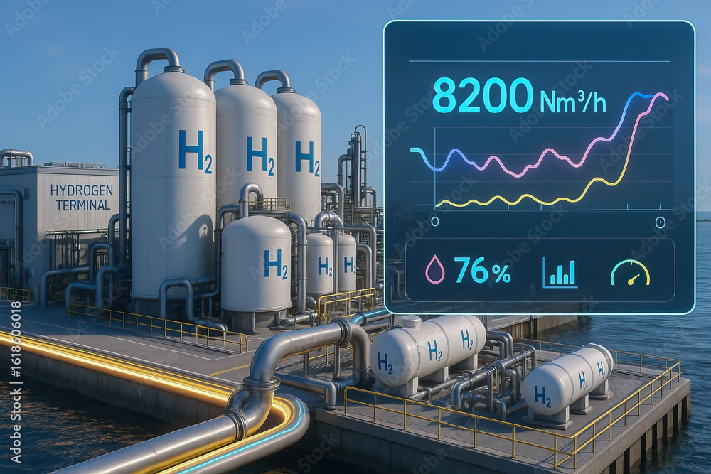 Poster hydrogen storage tanks and pipelines at industrial terminal by water with digital display showing ga