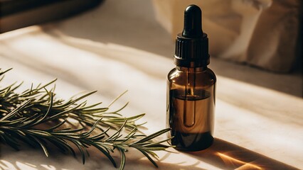Amber glass dropper bottle with rosemary essence herbal extract and rosemary branch  