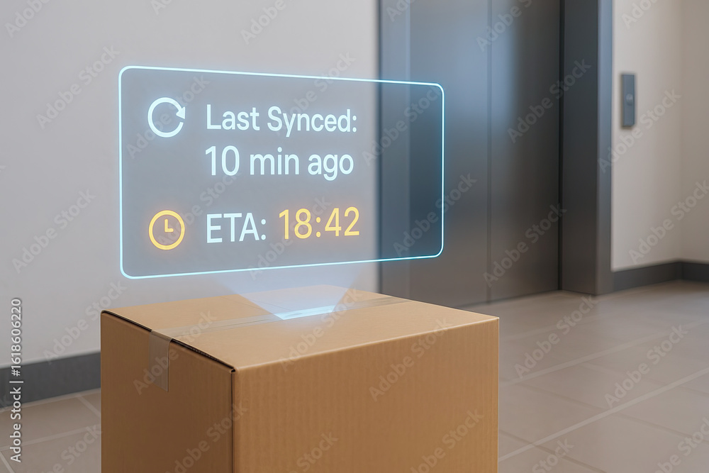 Aufkleber package with digital delivery status and estimated time of arrival displayed as hologram in modern b