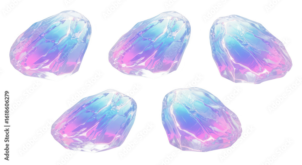 Poster five colorful iridescent crystals are arranged on a white background with light reflection and a sof
