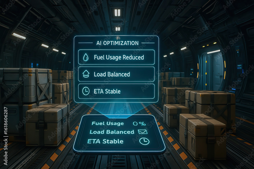 Aufkleber ai optimization display shows fuel usage reduced, load balanced, and eta stable in futuristic cargo 