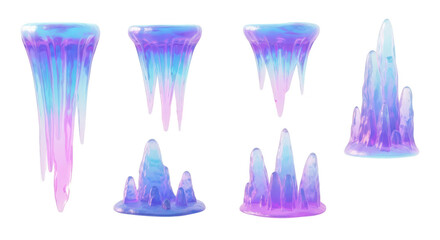 Colorful stylized 3D ice formations dripping on a white background suitable for fantasy or environmental design