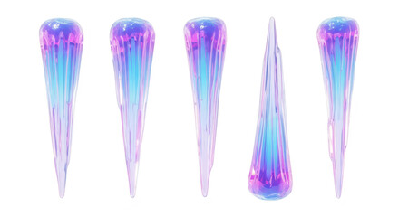 Five futuristic abstract iridescent icicles standing in a row against a white backdrop; ideal for digital art designs and creative illustrations