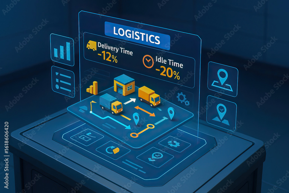 Poster logistics delivery time reduction and idle time decrease with digital interface showing trucks, ware