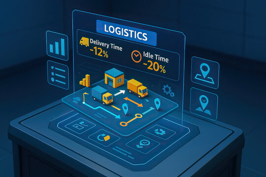 Logistics delivery time reduction and idle time decrease with digital interface showing trucks, warehouse, and route optimization for efficient supply chain management