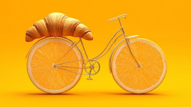 A whimsical orange bike with a croissant on top, against a vibrant yellow backdrop. A fun and creative food-themed concept.