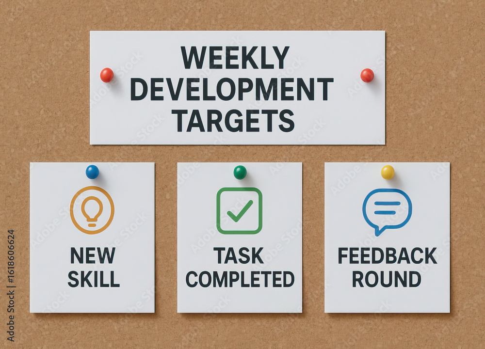 Poster weekly development targets concept with new skill, task completed, and feedback round notes pinned o