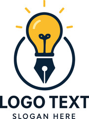 Creative idea logo design featuring a light bulb and pen symbolizing innovation and writing