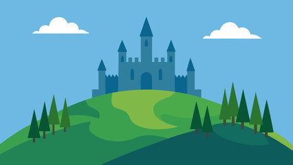 Majestic flat castle skyline with imposing towers and hilltop placement