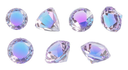 Fototapeta premium Various angles of cut gemstones shimmering with rainbow light isolated on white showcasing potential for jewelry design or visual elements