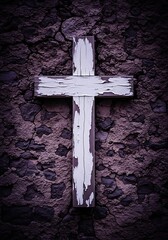 Aged wooden cross affixed to a weathered, cracked stone wall.