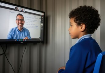 Young boy engaging in online learning session with teacher