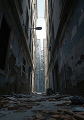 A narrow, dilapidated alleyway between crumbling buildings, filled with debris.